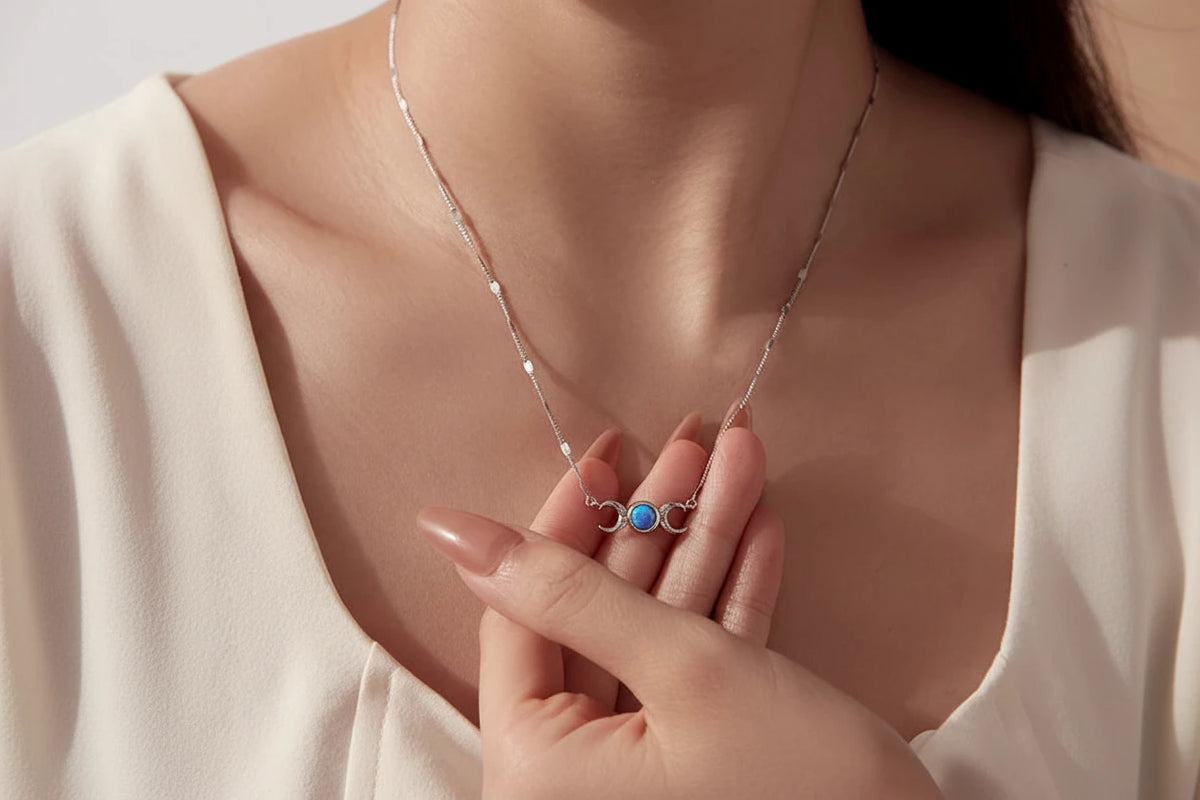 925 Sterling Silver Triple Moon Goddess Necklace with Blue Turquoise Stone and White Gold Plated Adjustable Chain