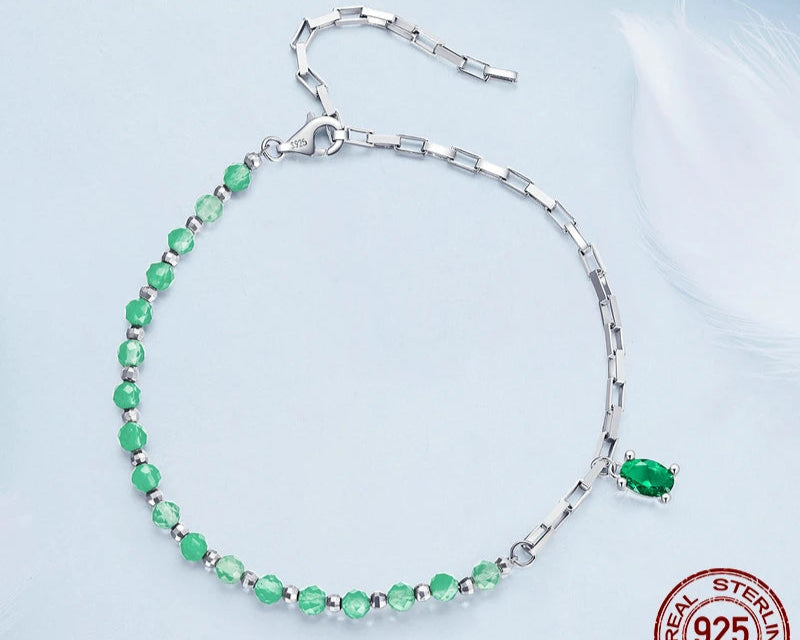 925 Sterling Silver Crystal Green Beads Bracelet