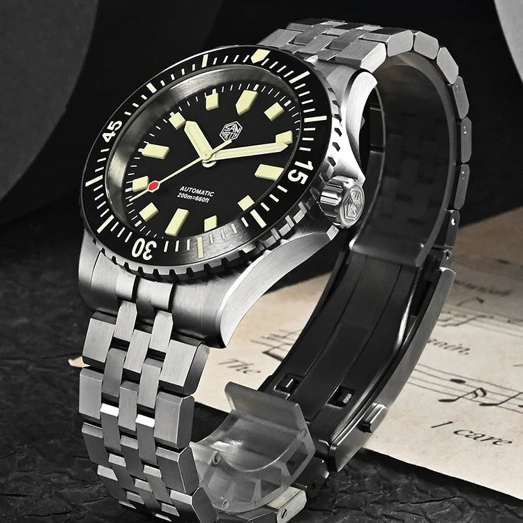 San Martin SN0012 men's automatic mechanical watch in three color variants with stainless steel bracelet, full luminous dial, and 20Bar water resistance."