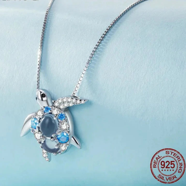 925 Sterling Silver Blue Spinel Sea Turtle Pendant Necklace