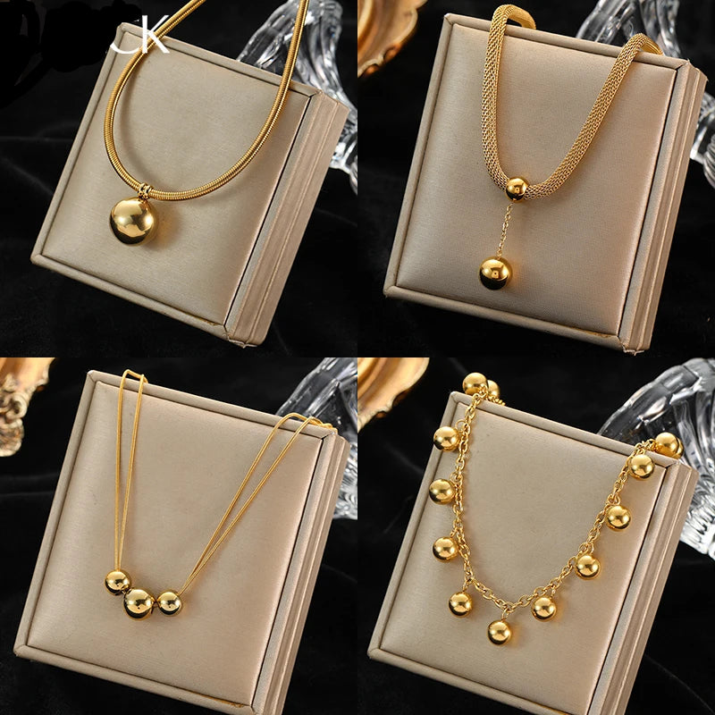 Stainless Steel Gold Color Hollow Ball Beads Pendant Necklace