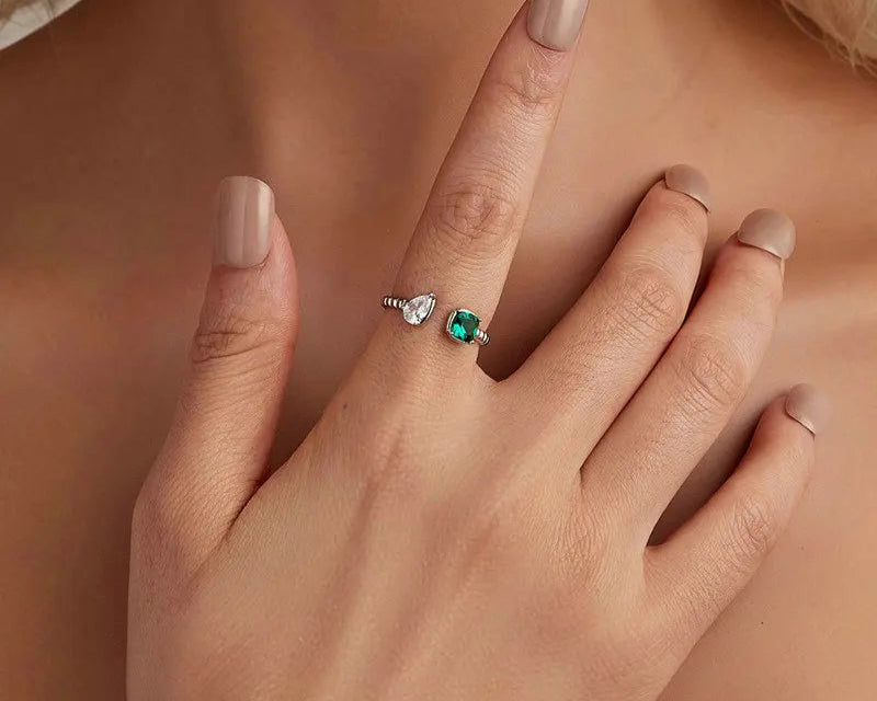 925 Sterling Silver Green Zircon Adjustable Open Ring