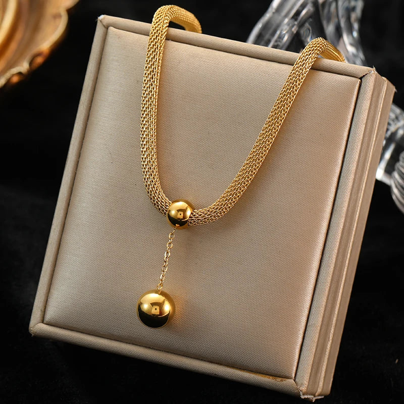 Stainless Steel Gold Color Hollow Ball Beads Pendant Necklace