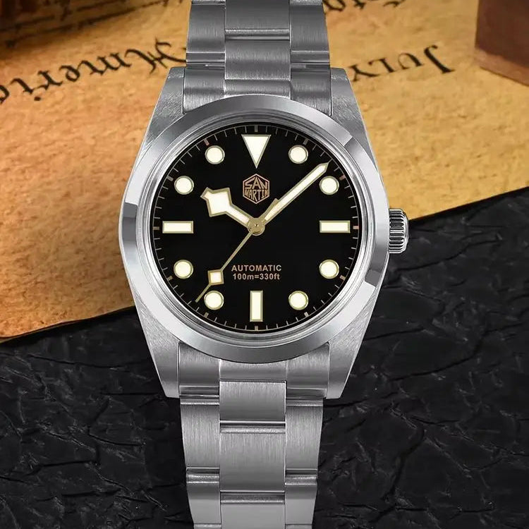 San Martin SN0021B 36mm Explore climbing watch with automatic SW200/ST2130 movement, snowflake hands, stainless steel case, and 10Bar water resistance."