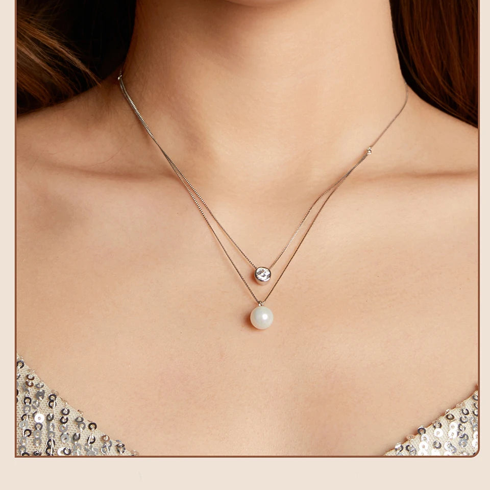 Double Layer Necklace, White Gold Plated - 925 Silver Pearl-Jewelry