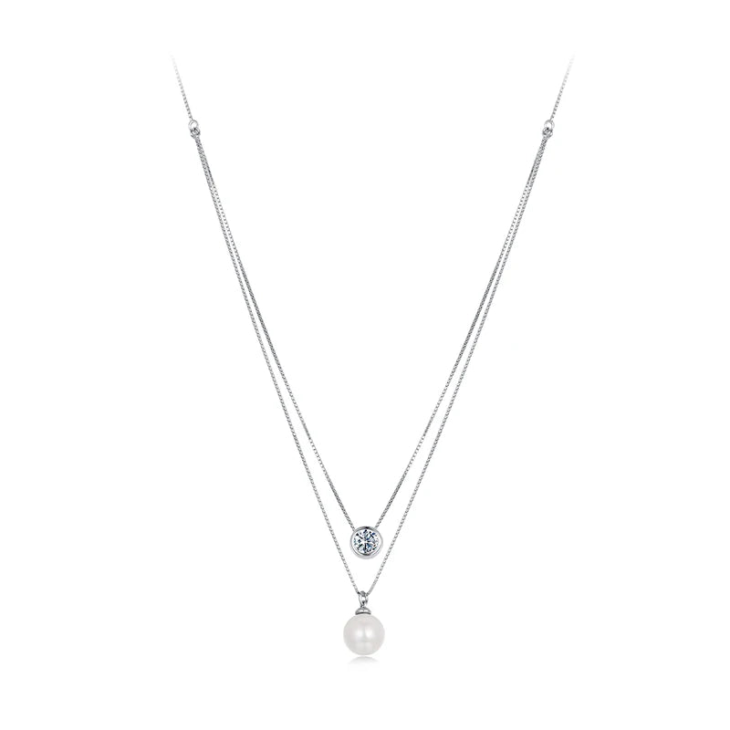 Double Layer Necklace, White Gold Plated - 925 Silver Pearl-Jewelry