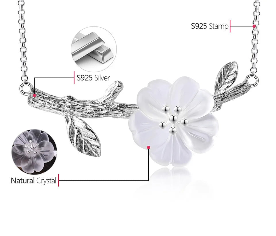 Silver Sakura Flower Branch Necklace | Adjustable 43+5 cm Chain | White &Pink jewelry