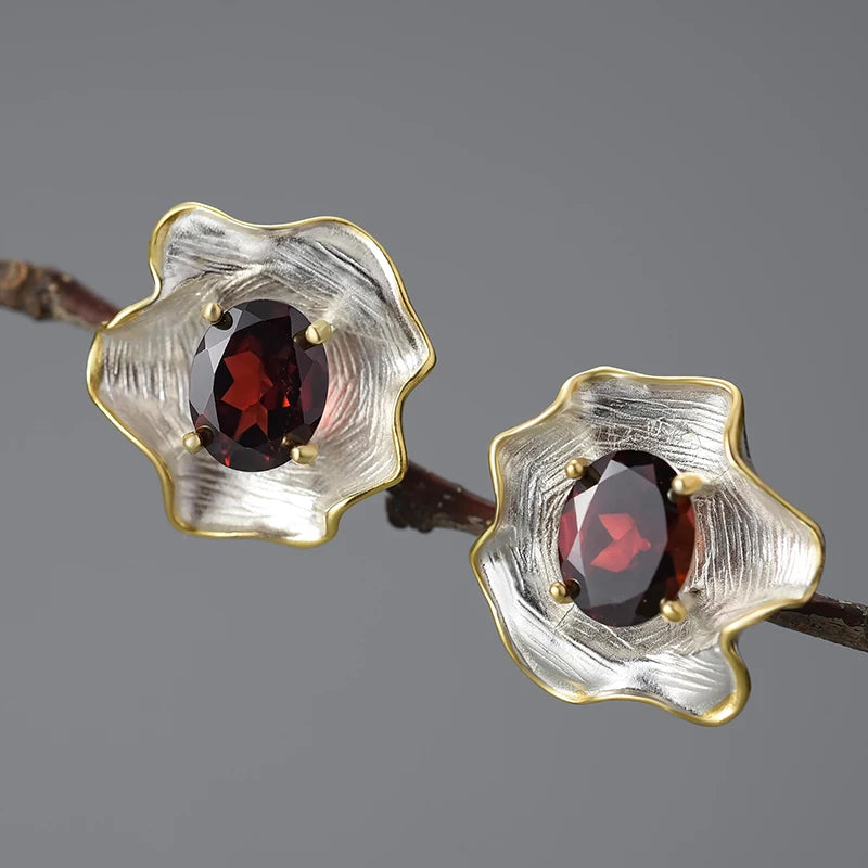Natural Topaz Gemstone Curled Leaf Stud Earrings