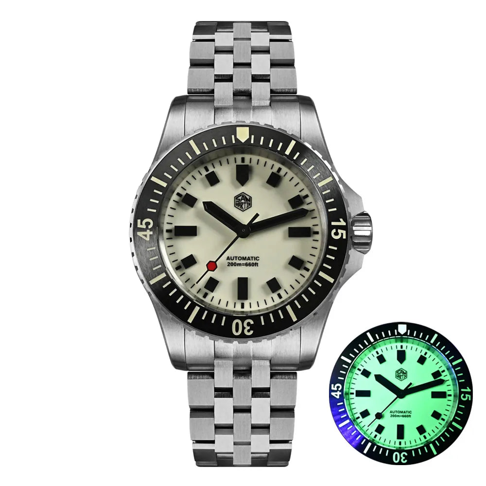 San Martin SN0012 men's automatic watch with white dial, stainless steel bracelet, full luminous markers, and 20Bar water resistance