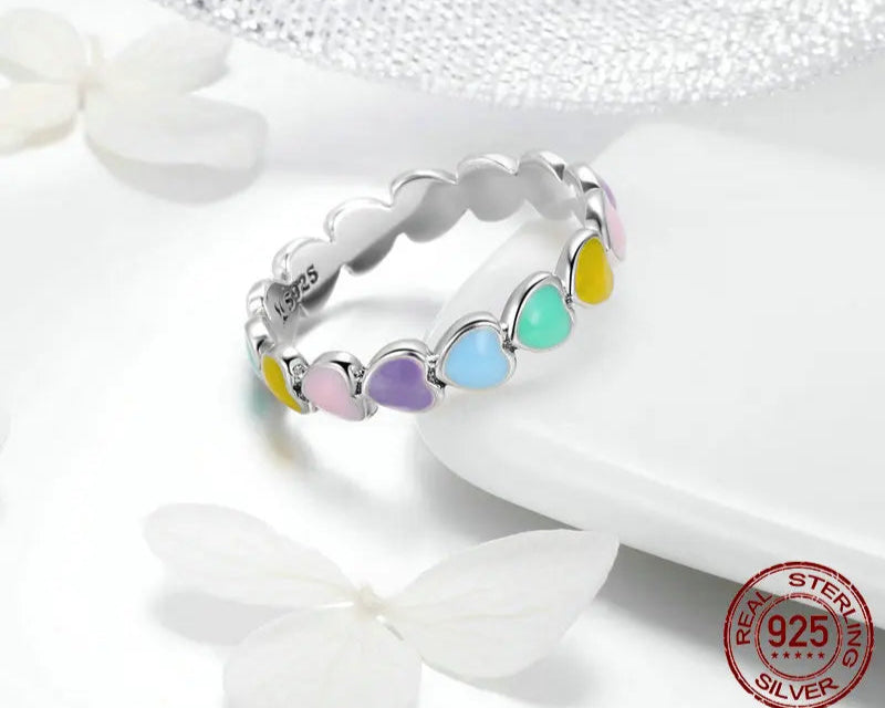 925 Sterling Silver Cute Rainbow Heart Finger Ring