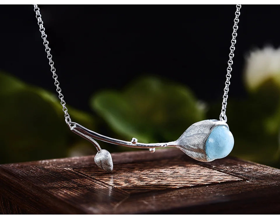 925 Sterling Silver Aquamarine Branch Jewelry Necklace | Natural Blue Gemstone Pendant