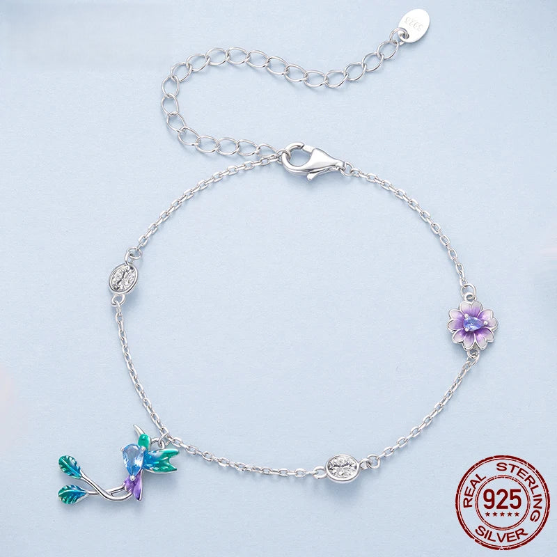 925 Silver Bird Flower Jewelry Necklace & Bracelet White Gold Plated Zircon