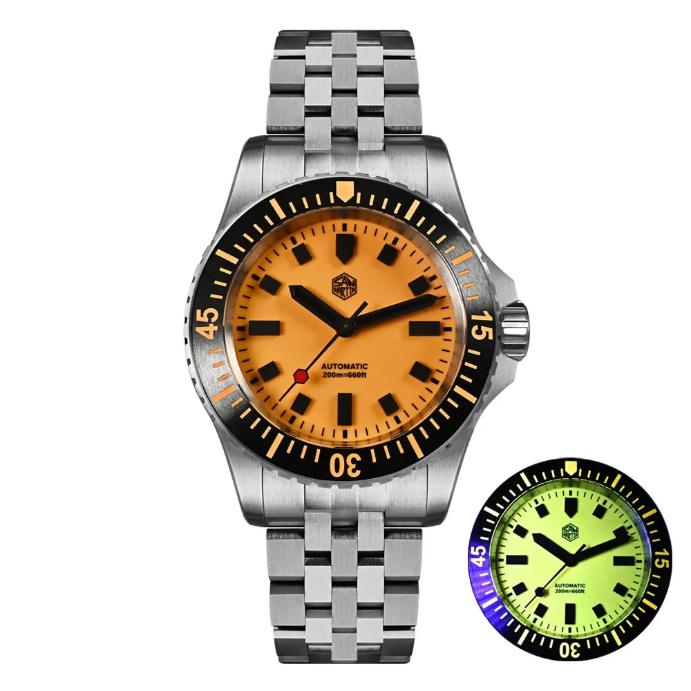 San Martin SN0012 men's automatic watch with orange dial, stainless steel bracelet, full luminous markers, and 20Bar water resistance.