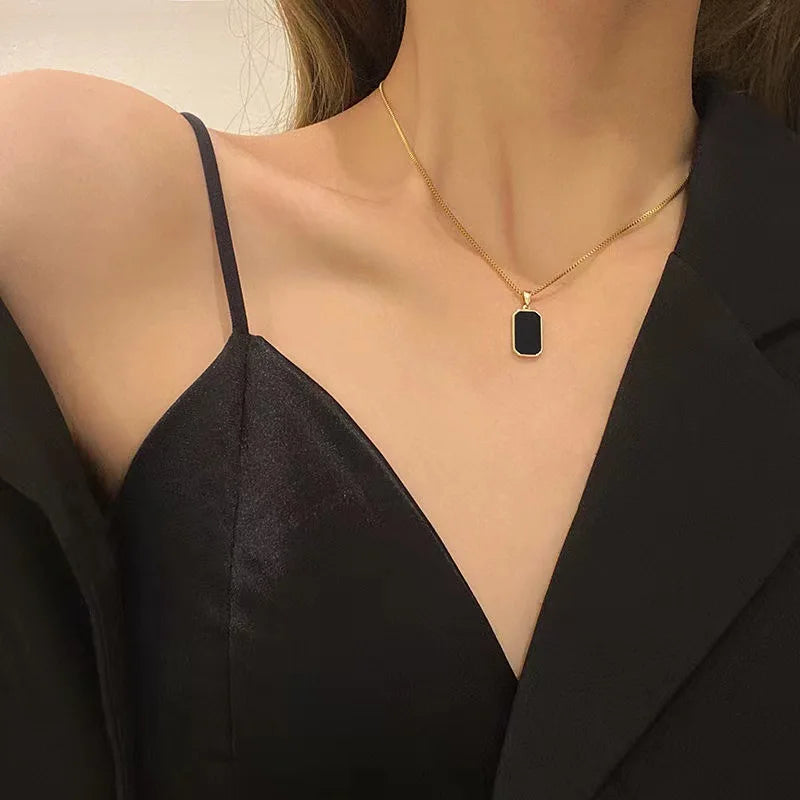 , Korean Black Geometric Pendant Necklace