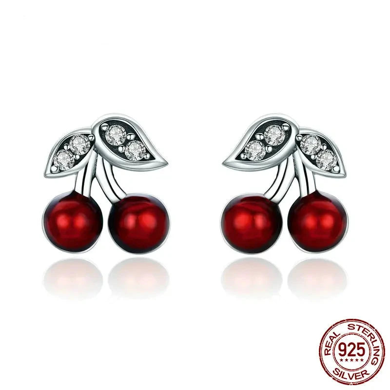 925 Sterling Silver Cherry Red Enamel & CZ Stud Earrings