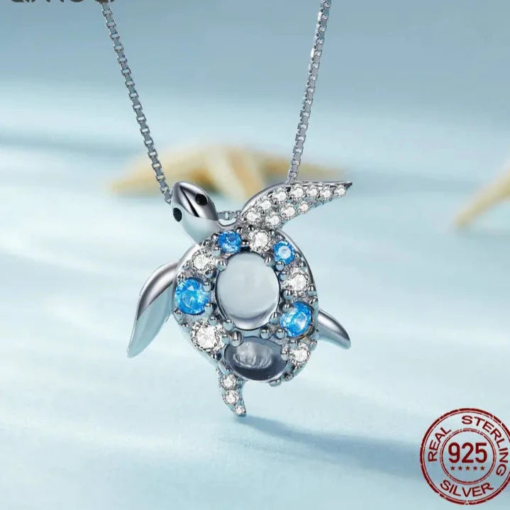 925 Sterling Silver Blue Spinel Sea Turtle Pendant Necklace