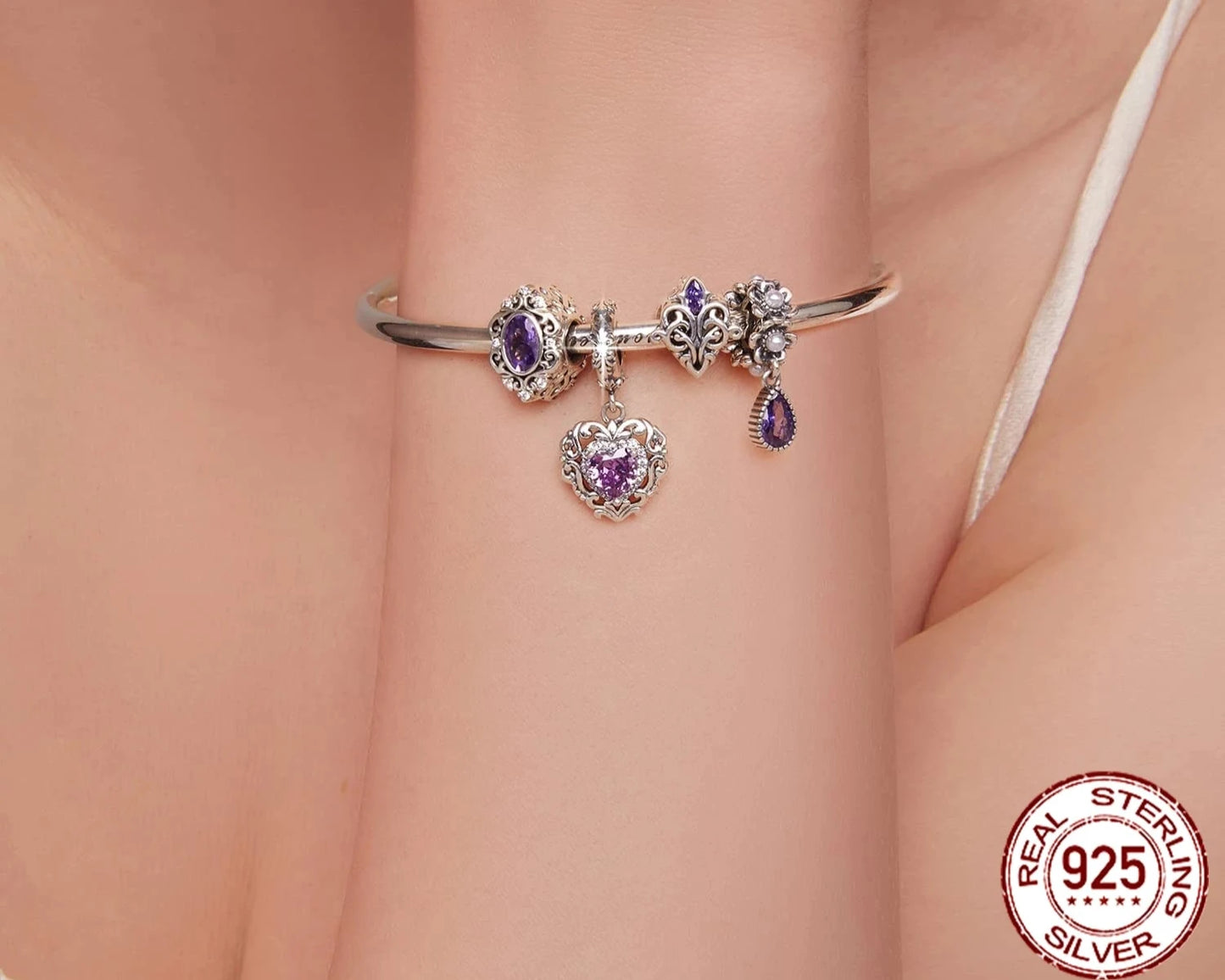 925 Sterling Silver Purple Shining Stone Collection Charms