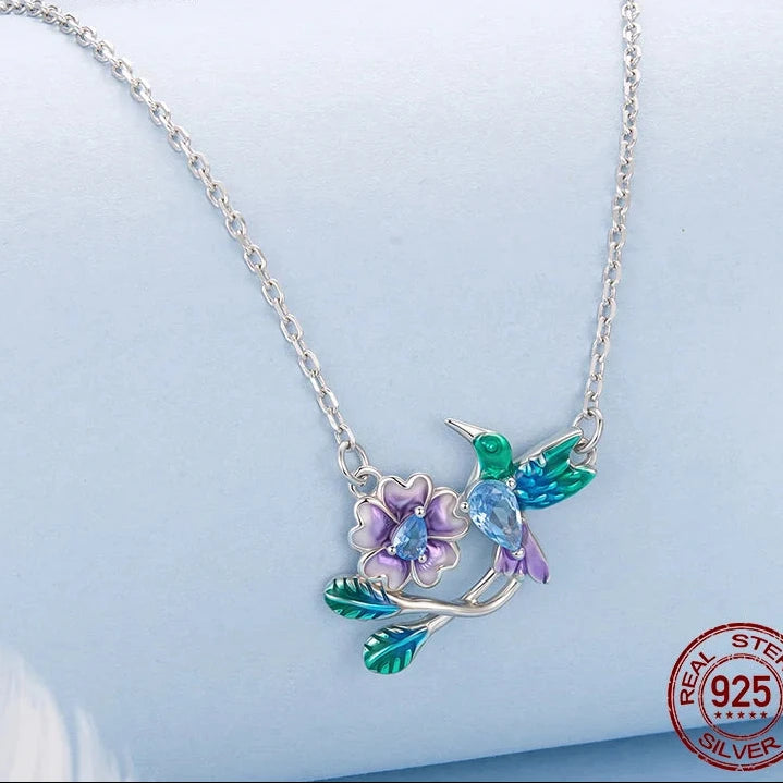 925 silver bird and flower jewelry necklace and bracelet set with white gold plating and zircon accents.