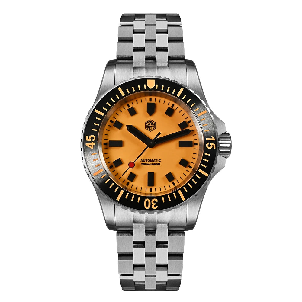 San Martin SN0012 men's automatic watch with orange dial, stainless steel bracelet, full luminous markers, and 20Bar water resistance