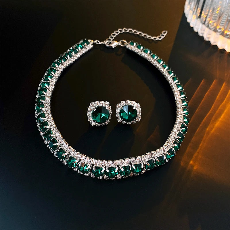 Luxury Green Rhinestone Necklace Stud Earrings