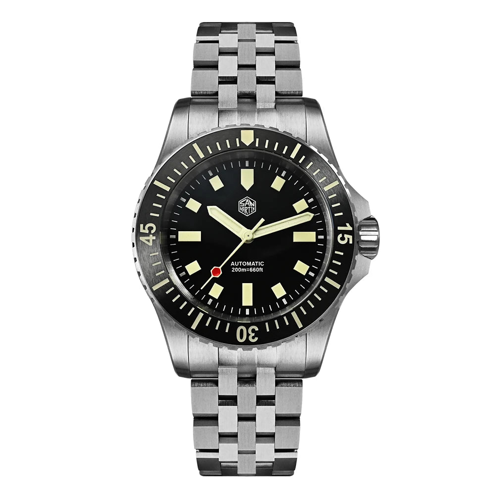San Martin SN0012 men's automatic watch with black dial, stainless steel bracelet, full luminous markers, and 20Bar water resistance."