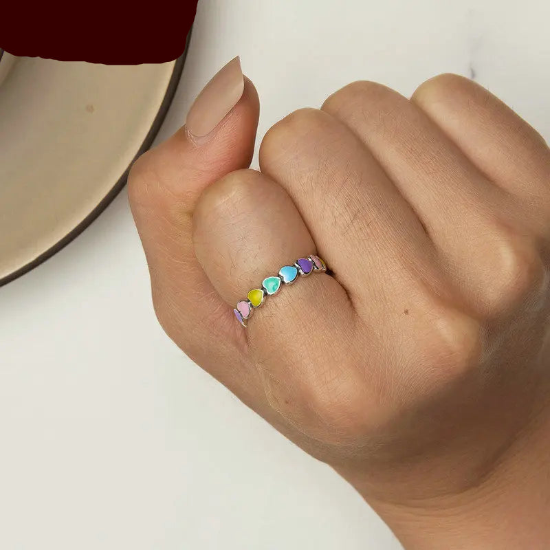 925 Sterling Silver Cute Rainbow Heart Finger Ring