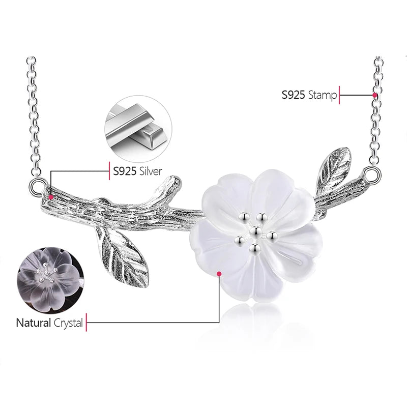 Silver Sakura Flower Branch Necklace | Adjustable 43+5 cm Chain | White &Pink jewelry