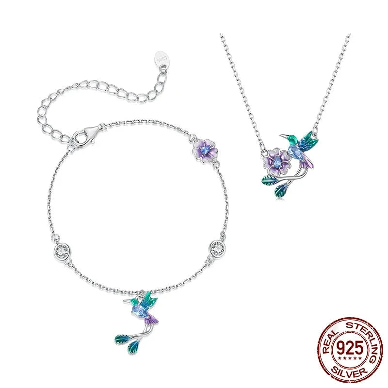 925 Silver Bird Flower Jewelry Necklace & Bracelet White Gold Plated Zircon