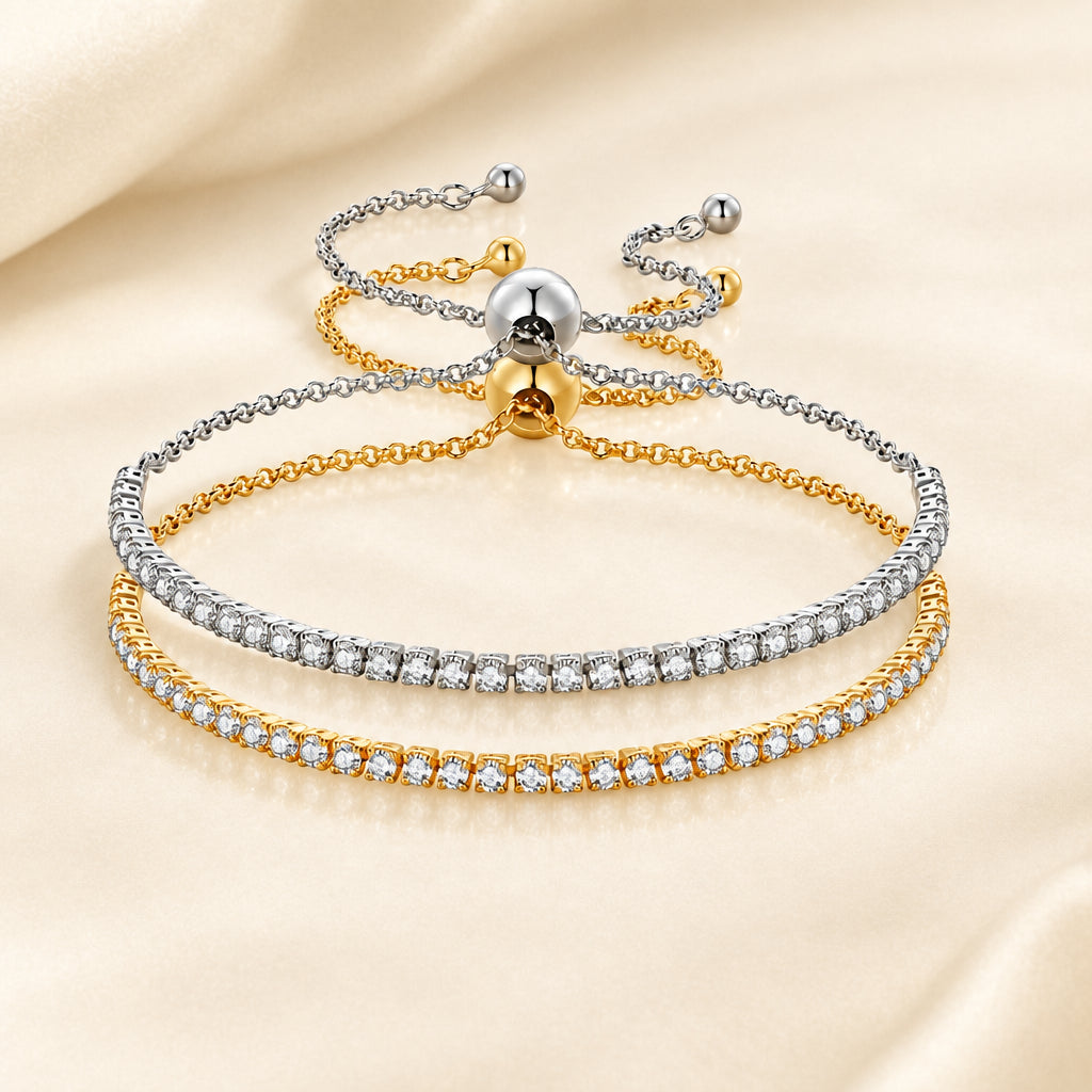 925 sterling silver CZ jewelry bracelet featuring a row of sparkling cubic zirconia stones and an adjustable slider chain in a classic tennis bracelet design.