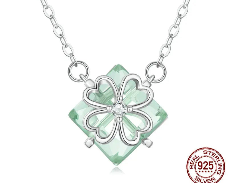 925 Sterling Silver Light Green Four-leaf Clover Pendant Necklace