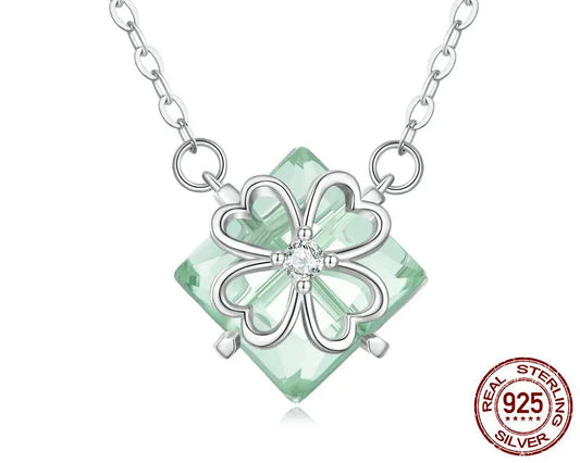 925 Sterling Silver Light Green Four-leaf Clover Pendant Necklace