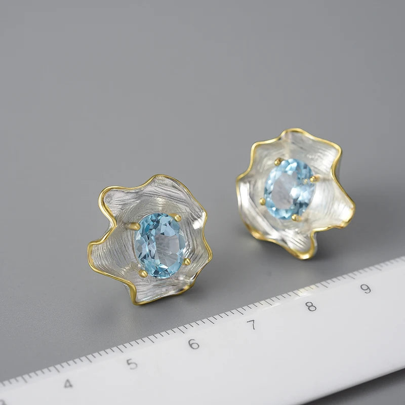 Natural Topaz Gemstone Curled Leaf Stud Earrings
