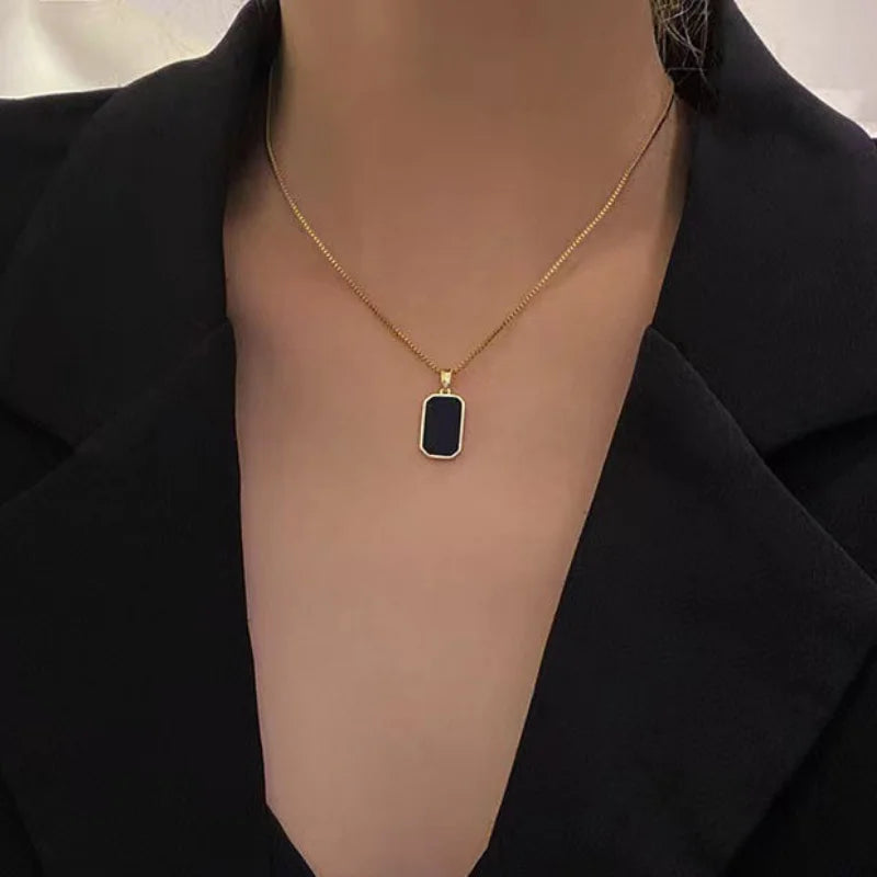 , Korean Black Geometric Pendant Necklace