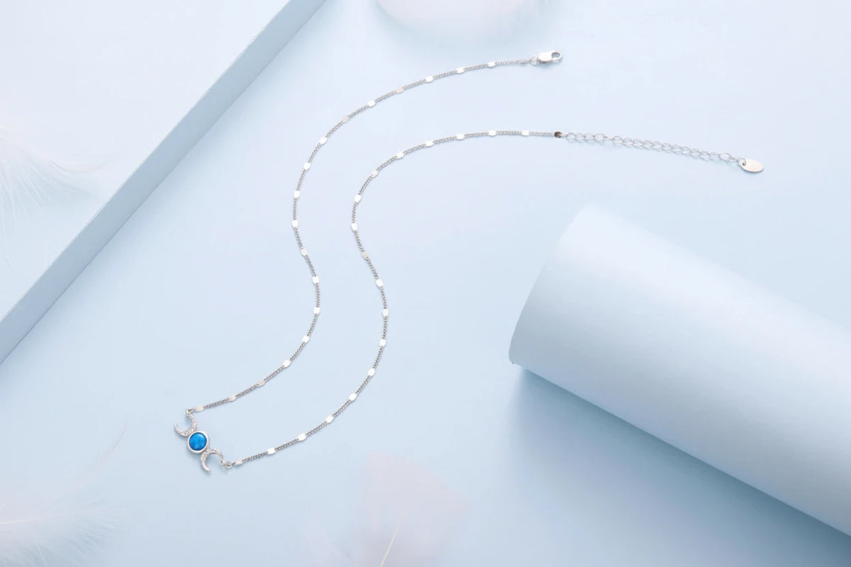 925 Sterling Silver Triple Moon Goddess Necklace with Blue Turquoise Stone and White Gold Plated Adjustable Chain