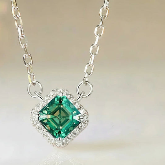 Green moissanite square pendant necklace in 925 sterling silver, 18k white gold plated