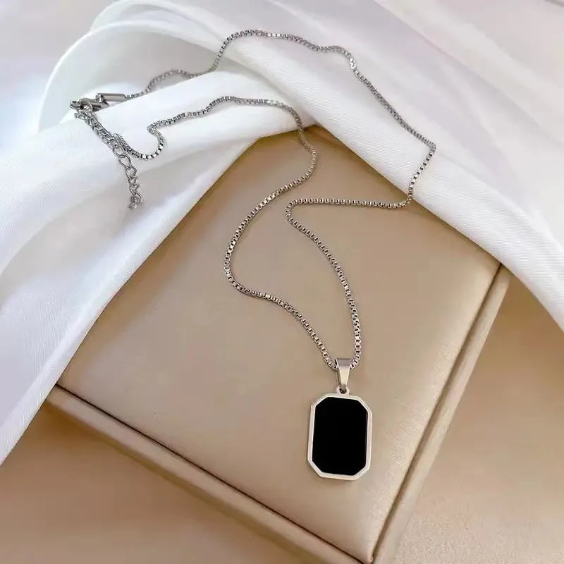 , Korean Black Geometric Pendant Necklace