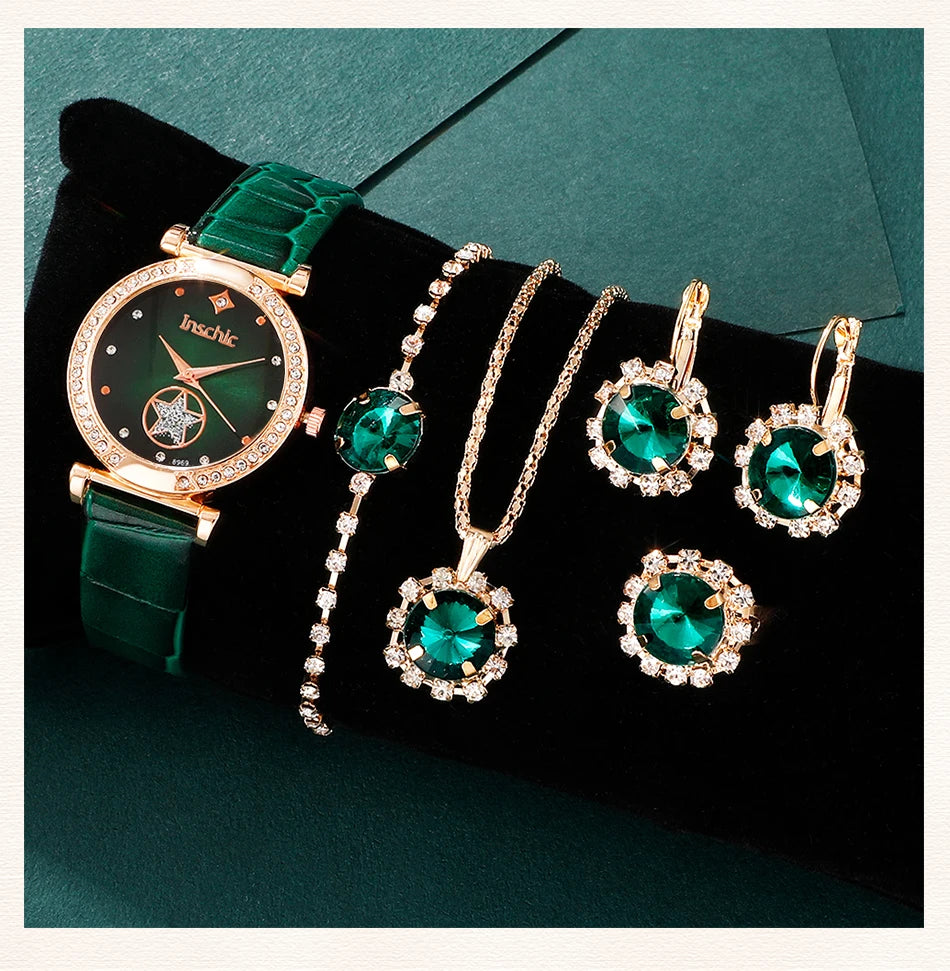 6PCS Set Green Luxury Quartz Watch Set