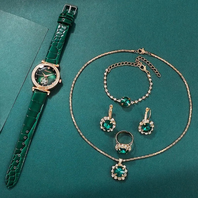 6PCS Set Green Luxury Quartz Watch Set