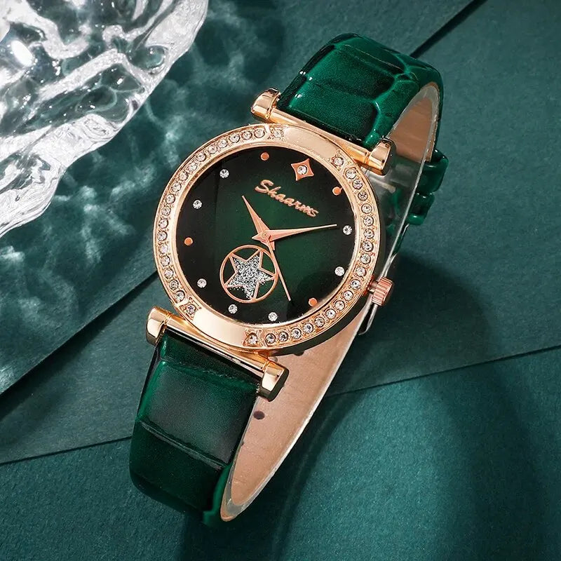 6PCS Set Green Luxury Quartz Watch Set