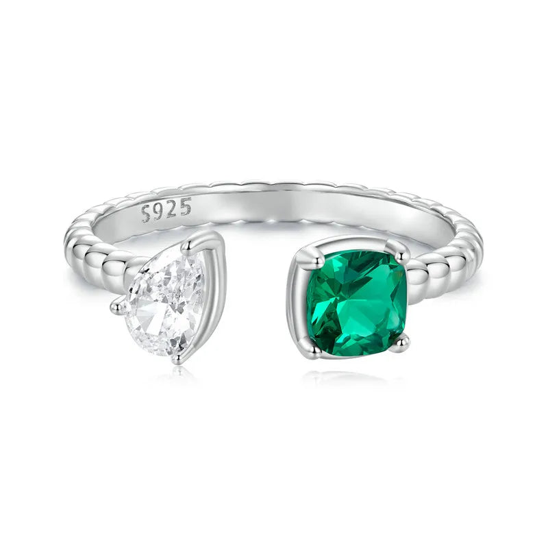 925 Sterling Silver Green Zircon Adjustable Open Ring