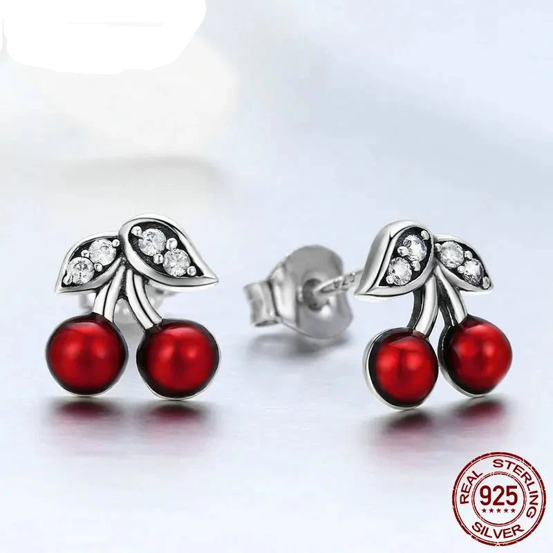 925 Sterling Silver Cherry Red Enamel & CZ Stud Earrings