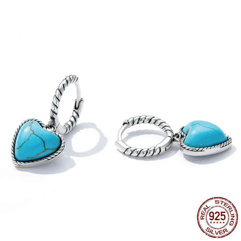 925 Sterling Silver Twist Hoop Earring Blue Heart