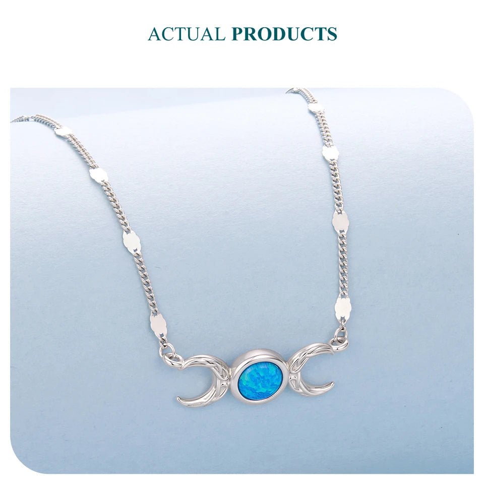 925 Sterling Silver Triple Moon Goddess Necklace with Blue Turquoise Stone and White Gold Plated Adjustable Chain