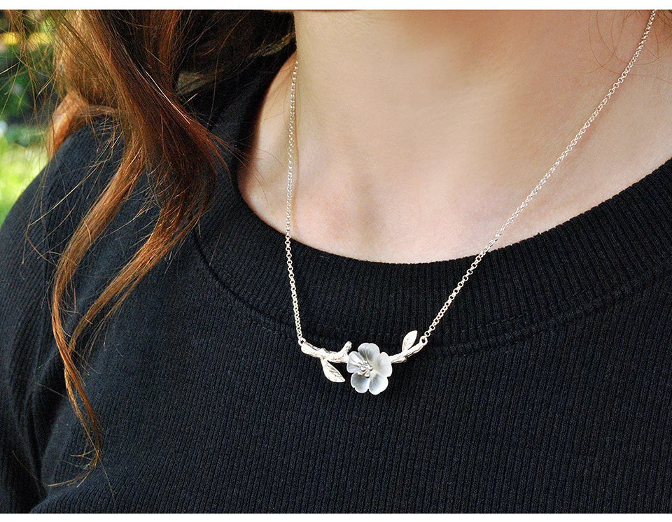 Silver Sakura Flower Branch Necklace | Adjustable 43+5 cm Chain | White &Pink jewelry
