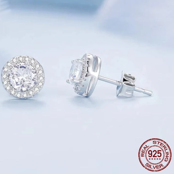 Platinum Plated Halo CZ Stud Earrings