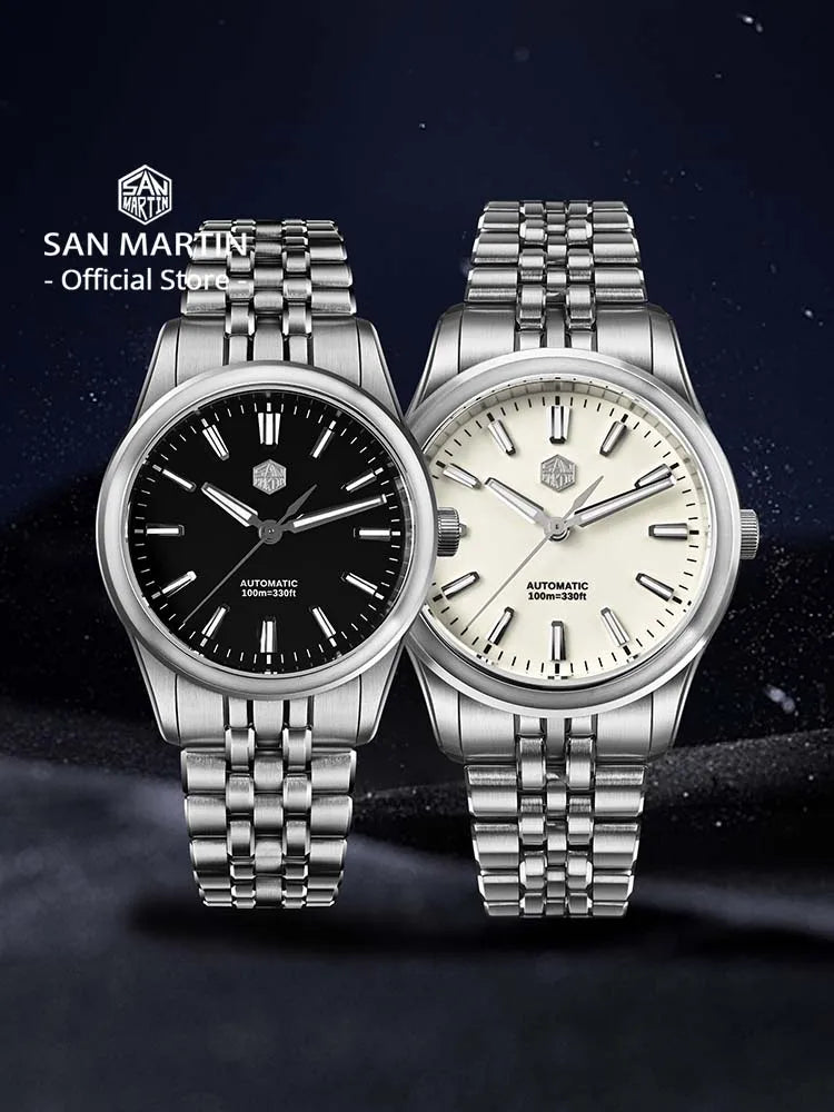 San Martin SN0144‑CG7 GADA dress watch with enamel dial, applied indices, slim 36mm or 39mm 316L stainless steel case, powered by Miyota 90S5 automatic movement.
