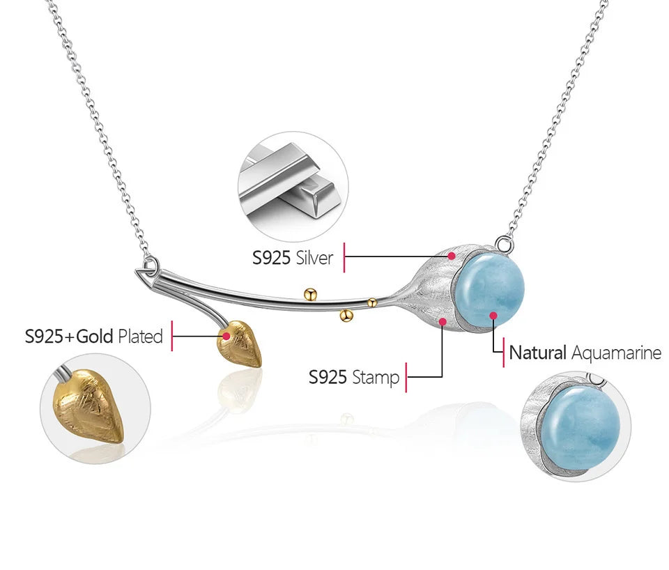 925 Sterling Silver Aquamarine Branch Jewelry Necklace | Natural Blue Gemstone Pendant