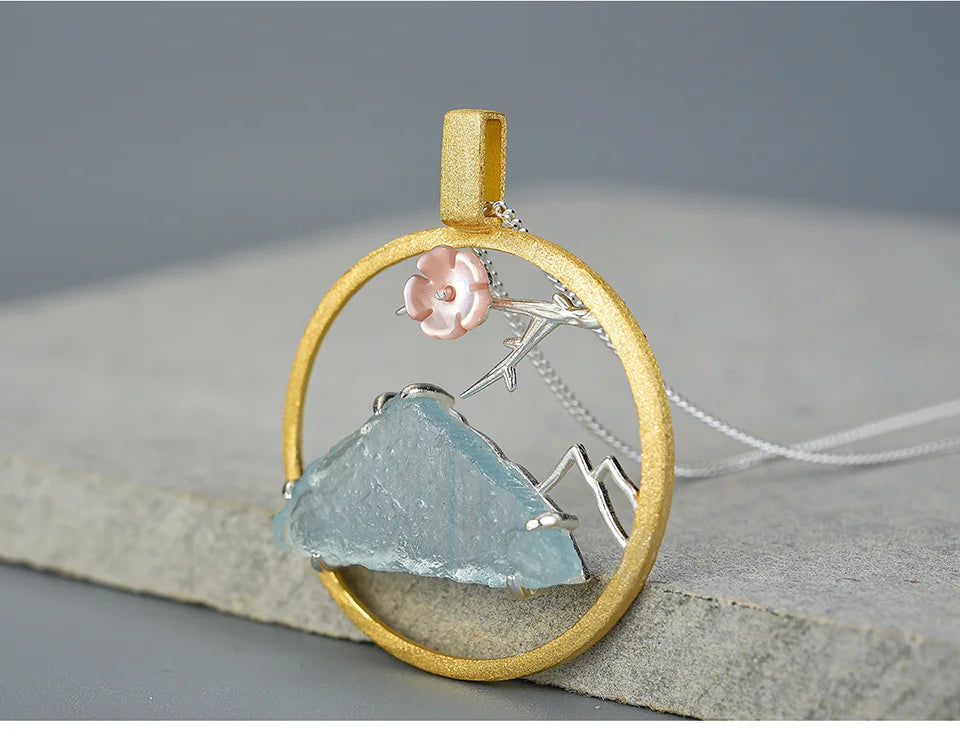 Natural Raw Stone Bird Whisper Pendant / Real 925 Sterling Silver