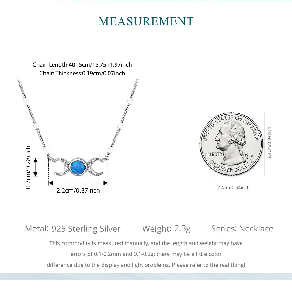 925 Sterling Silver Triple Moon Goddess Necklace with Blue Turquoise Stone and White Gold Plated Adjustable Chain