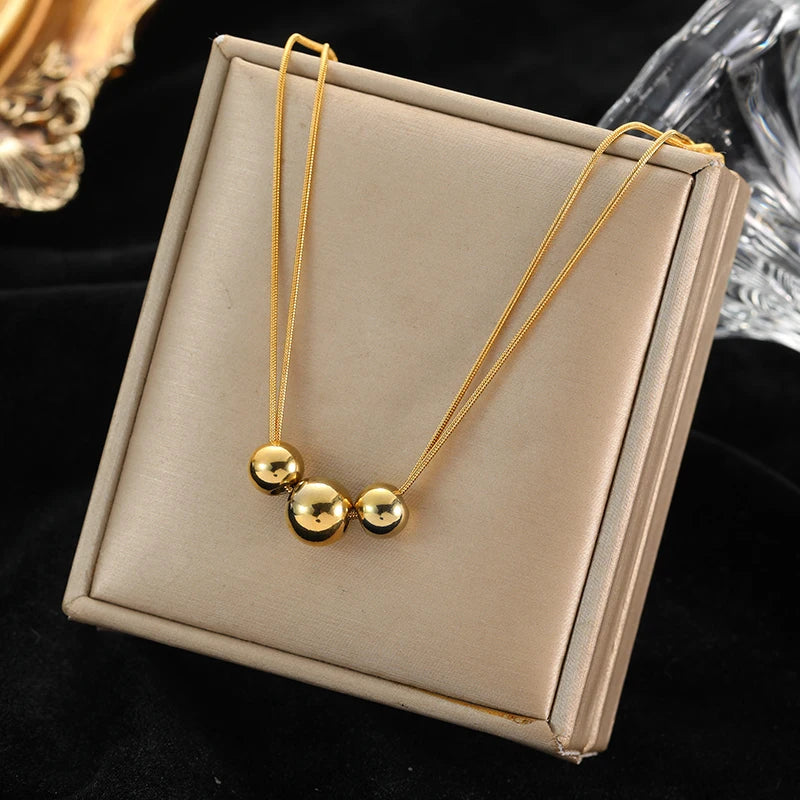 Stainless Steel Gold Color Hollow Ball Beads Pendant Necklace